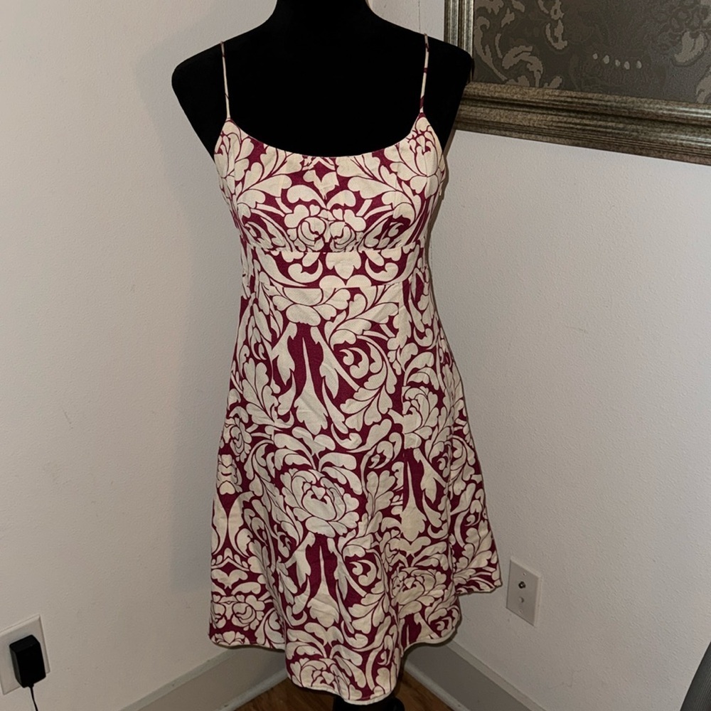 Ann Taylor linen sleeveless spaghetti‎ straps berry / ivory midi dress Sz 0